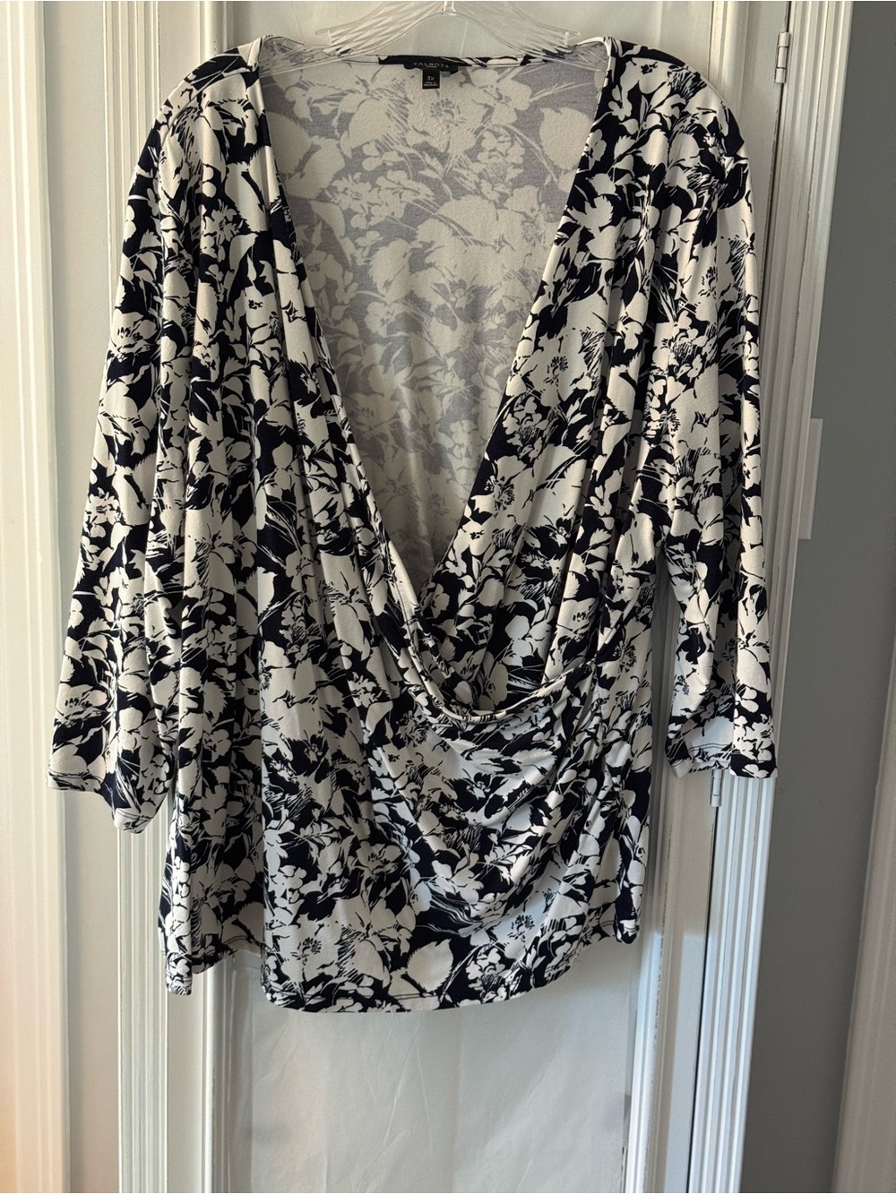 Talbots Dark Navy Floral Print Faux Wrap Long Sleeve Top Size 3X